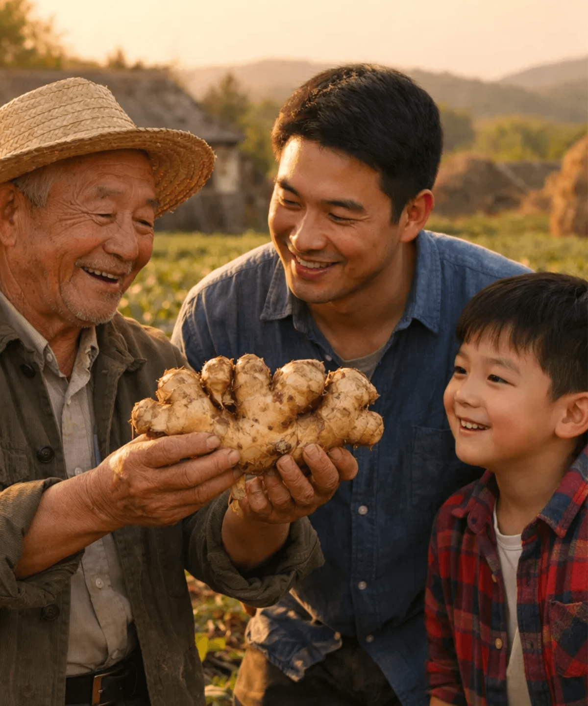 Three generations of growers holding fresh ginger