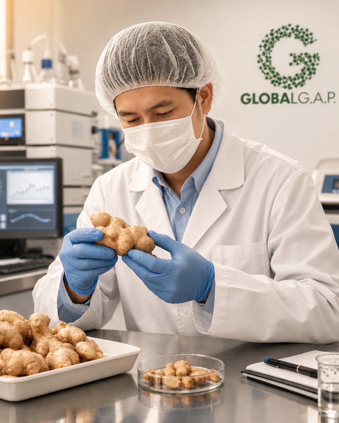 Quality control technician inspecting ginger in a lab